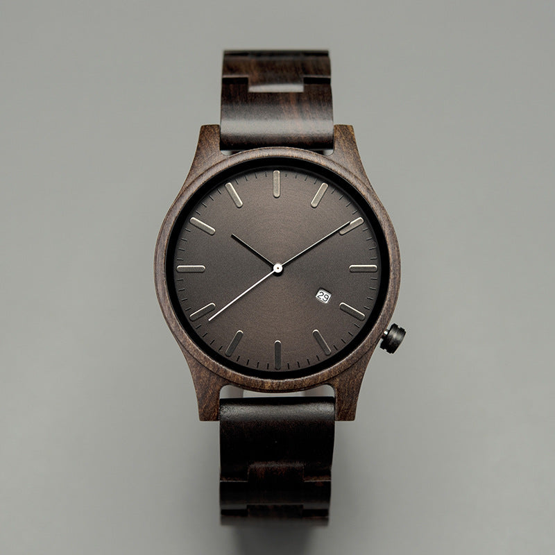 Sebastian wooden quartz wristwatch minimalist dial date window natural wood bracelet unisex