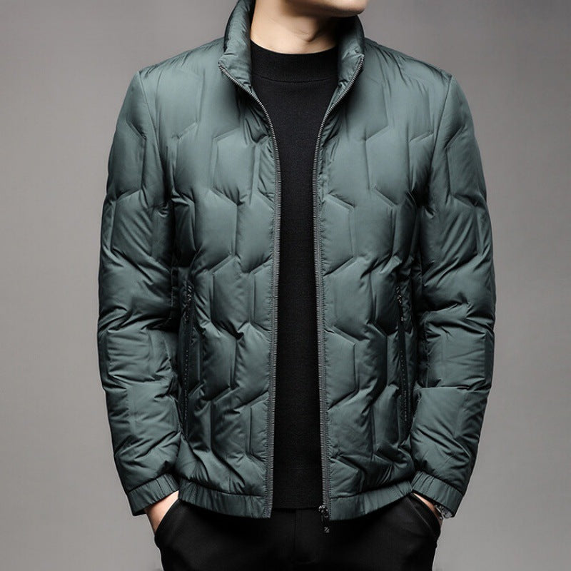 Men's geometric quilted puffer jacket regular fit hip-length zip front pockets casual winter outerwear