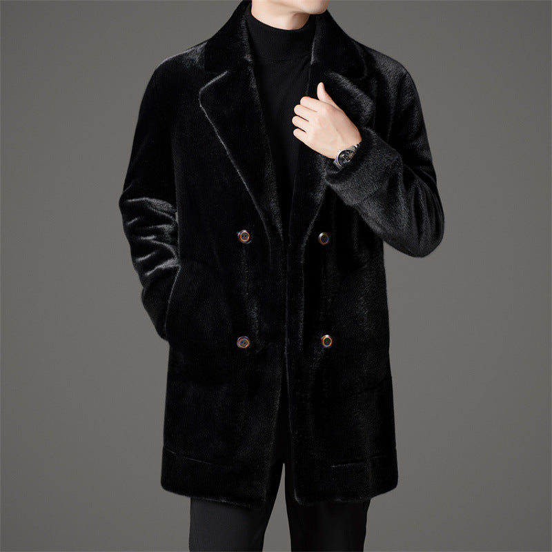 Men's black knee-length double-breasted overcoat with collared neckline and tailored formal silhouette