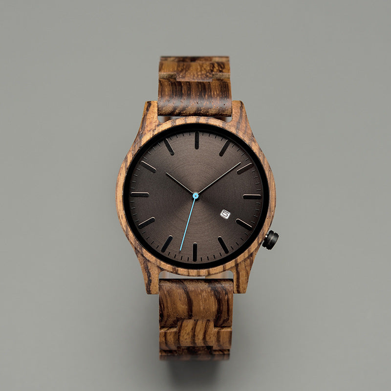 Sebastian wooden quartz wristwatch minimalist dial date window natural wood case bracelet unisex