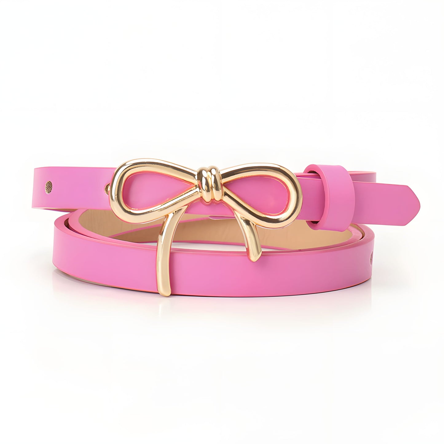 Women's skinny faux leather belt with bow buckle closure, slim adjustable design in elegant neutral tone