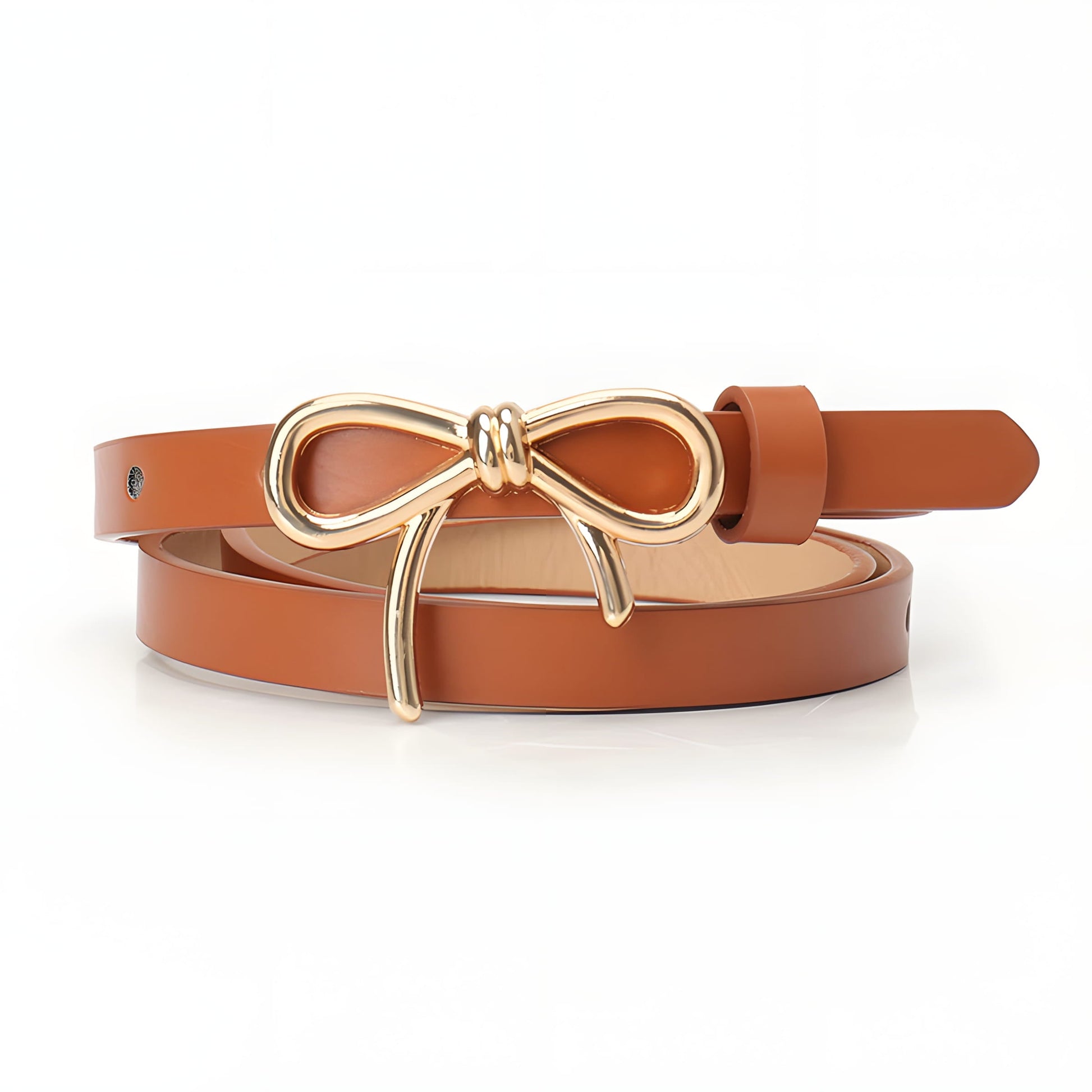 Women's black skinny faux leather belt with elegant bow buckle closure, adjustable length