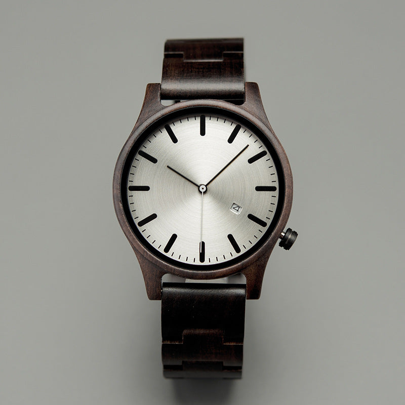 Sebastian wooden quartz wristwatch minimalist dial date window natural wood bracelet unisex
