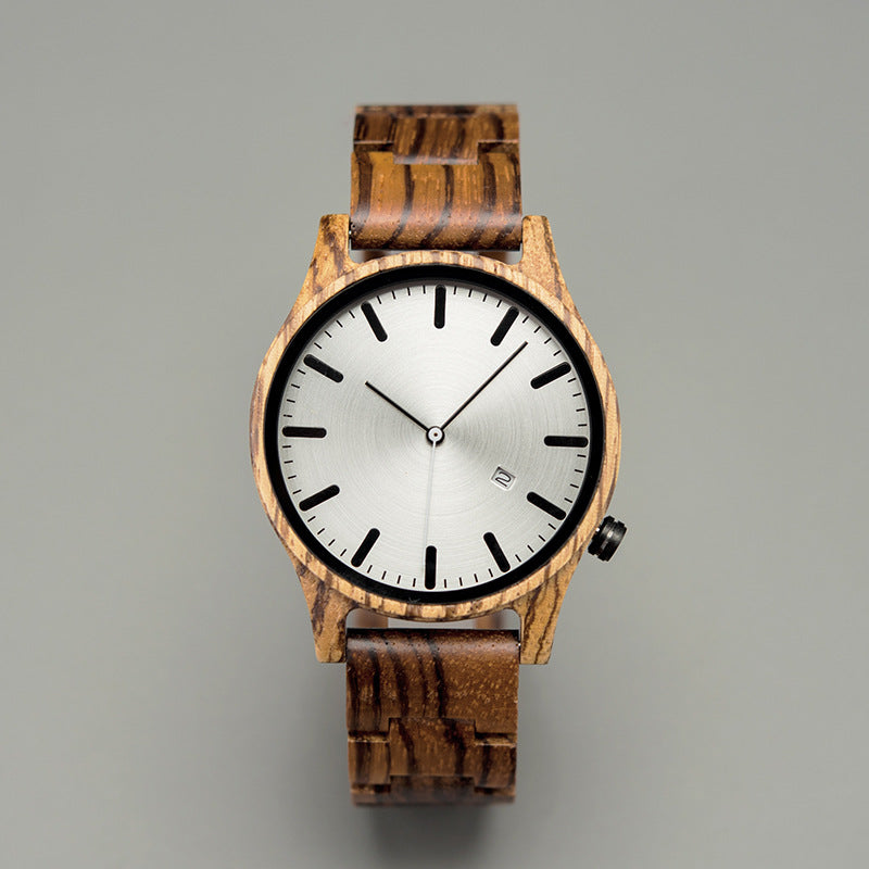 Sebastian wooden quartz wristwatch minimalist dial date window natural wood case bracelet unisex
