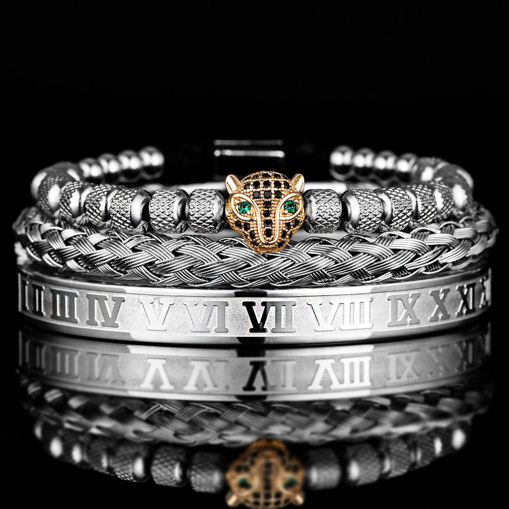 Women's crystal beaded panther charm bracelet set with braided cuff duo, bold layered style