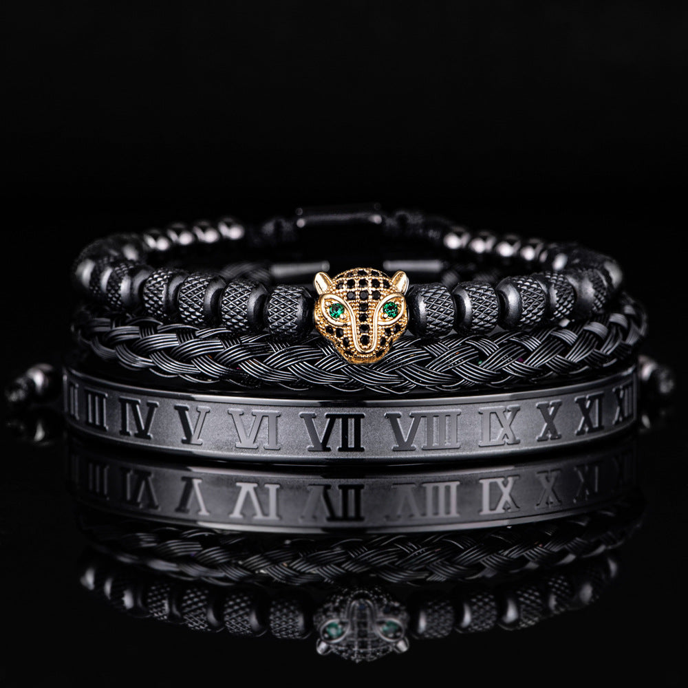 Women's crystal beaded panther charm bracelet set with braided cuff duo, bold layered wrist stack