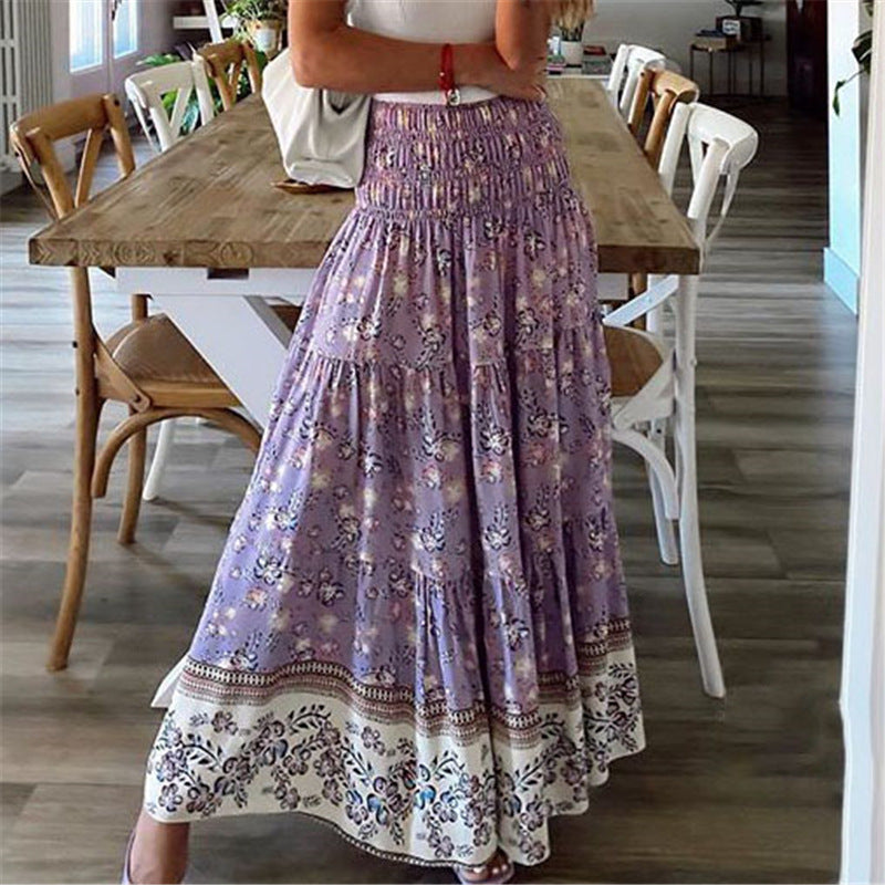 Bohemian maxi skirt elastic waist layered design relaxed flowy silhouette everyday beach vacation