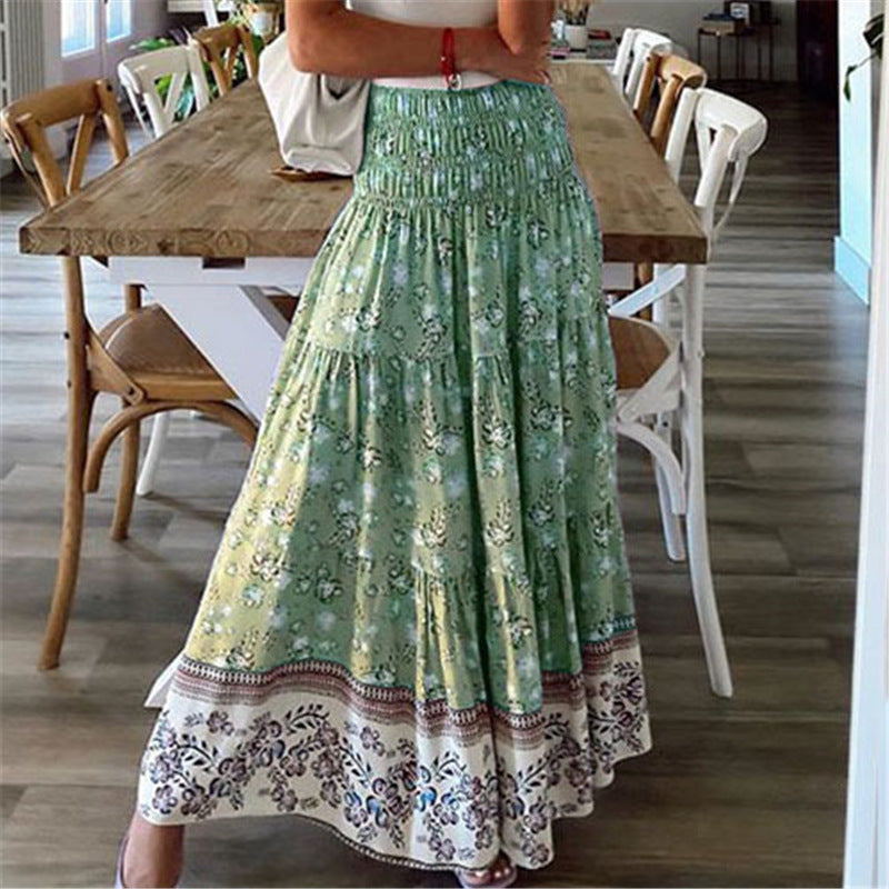 Bohemian maxi skirt with elastic waist, layered flowing design in relaxed boho silhouette for women