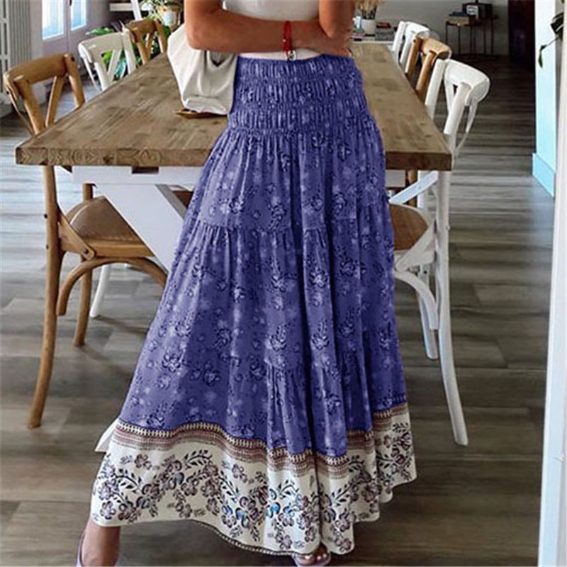 Bohemian maxi skirt with elastic waist, layered flowing silhouette in relaxed boho style