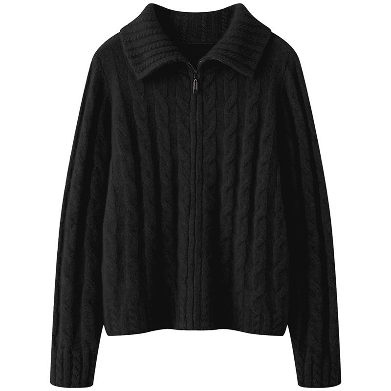 Women's cable knit full-zip sweater with collared neckline, cozy classic texture for smart-casual wear