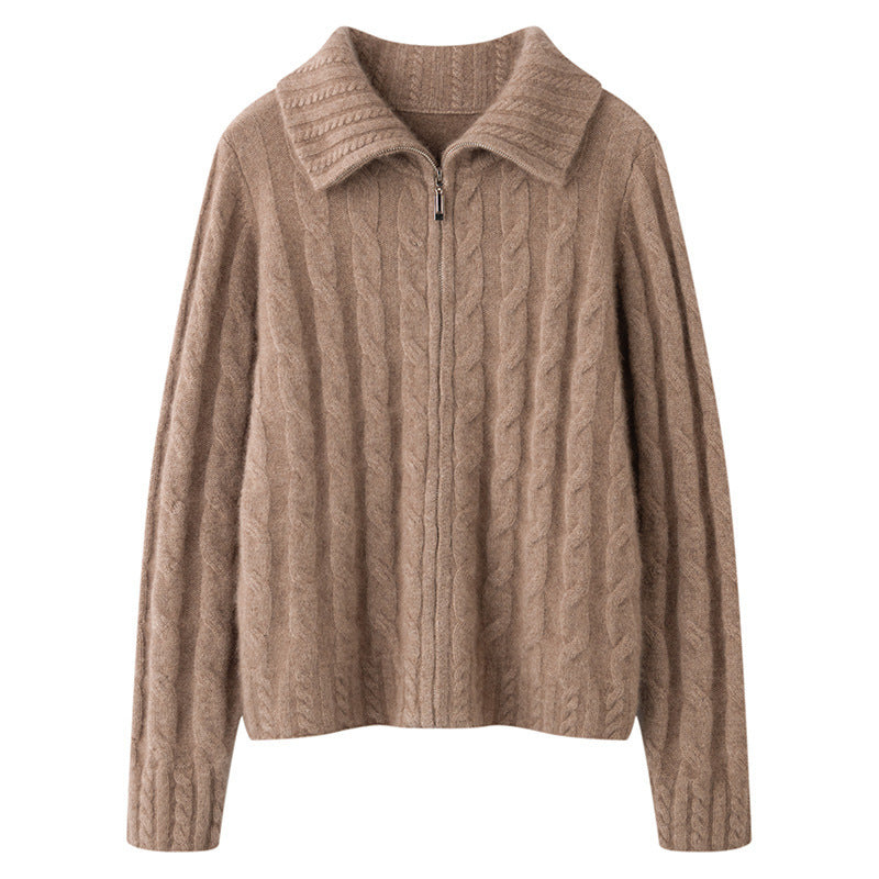 Women's cable knit full-zip sweater with collared neckline, cozy classic texture for casual wear