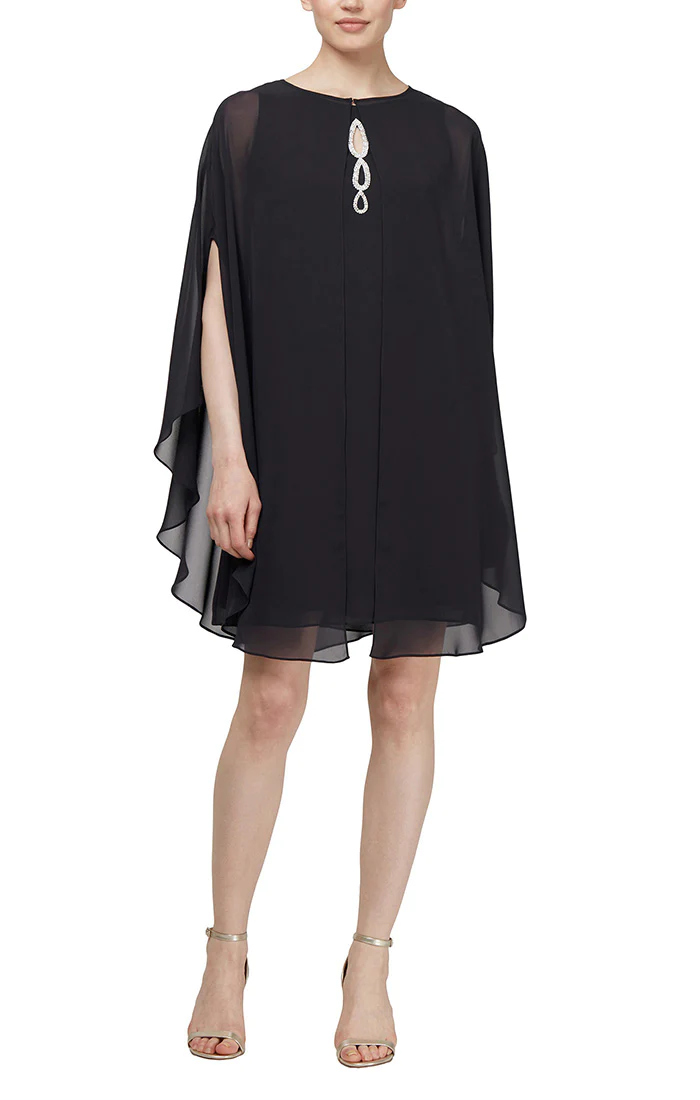 SL Fashions sleeveless chiffon MOB dress with crystal scoop neckline and elegant cape overlay