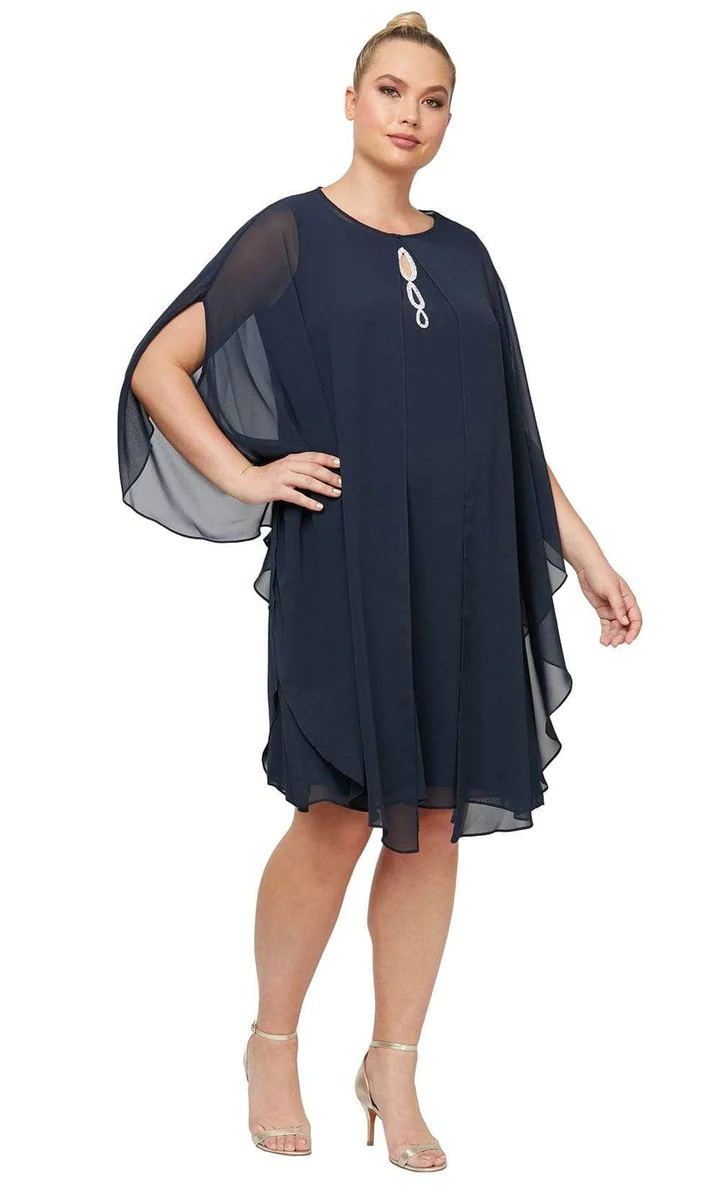 SL Fashions knee-length chiffon mother-of-bride dress with mesh cardigan and beaded keyhole front