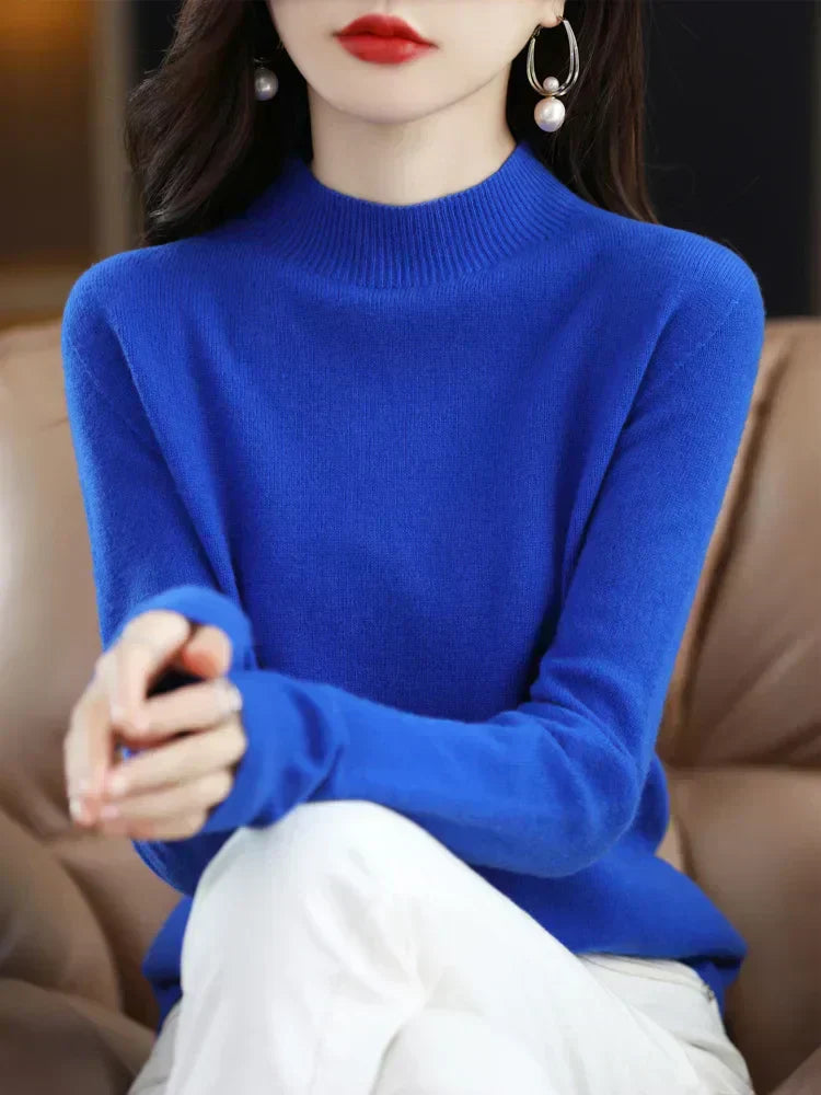 Elegant women's knit sweater in neutral tones, slim office fit with timeless versatile silhouette