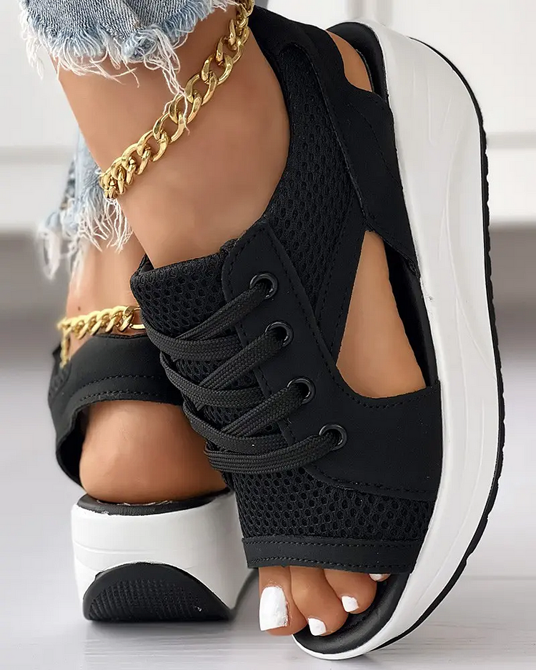 Women's sporty wedge sandals with breathable mesh upper and lace-up closure for all-day comfort