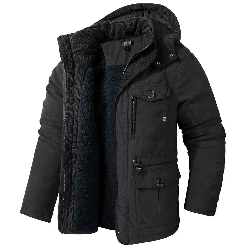 Men's insulated sherpa-lined outdoor jacket with adjustable hood and multi-pocket design for cold weather