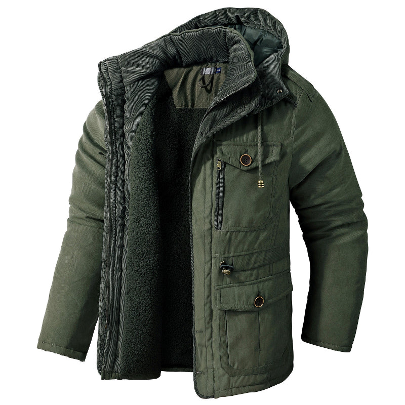 Men's insulated sherpa-lined puffer jacket in neutral tones with adjustable hood and multi-pocket design