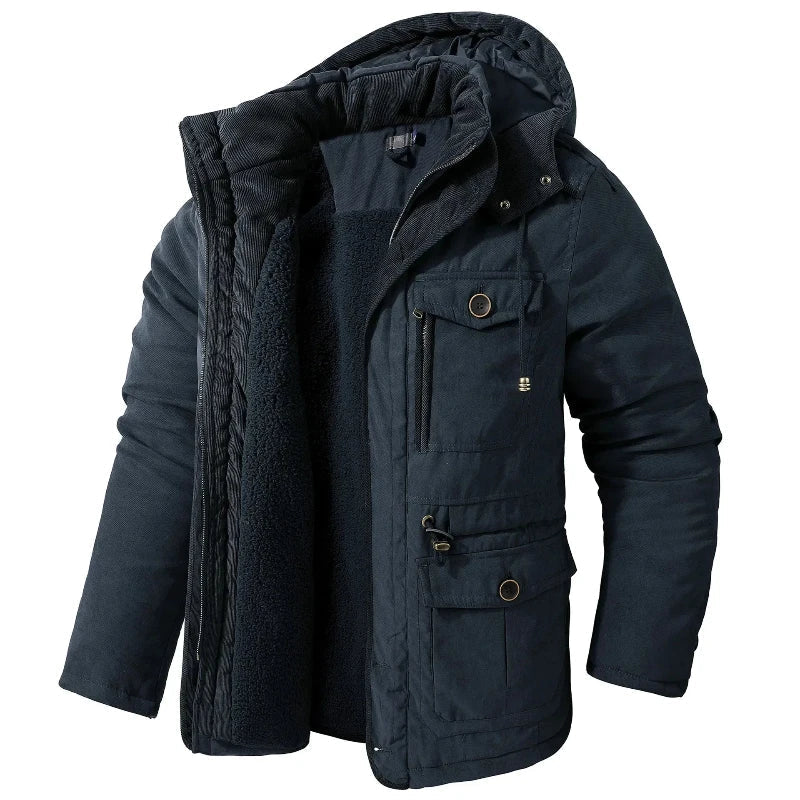 Insulated sherpa-lined outdoor jacket with adjustable hood and multi-pocket rugged design for cold weather