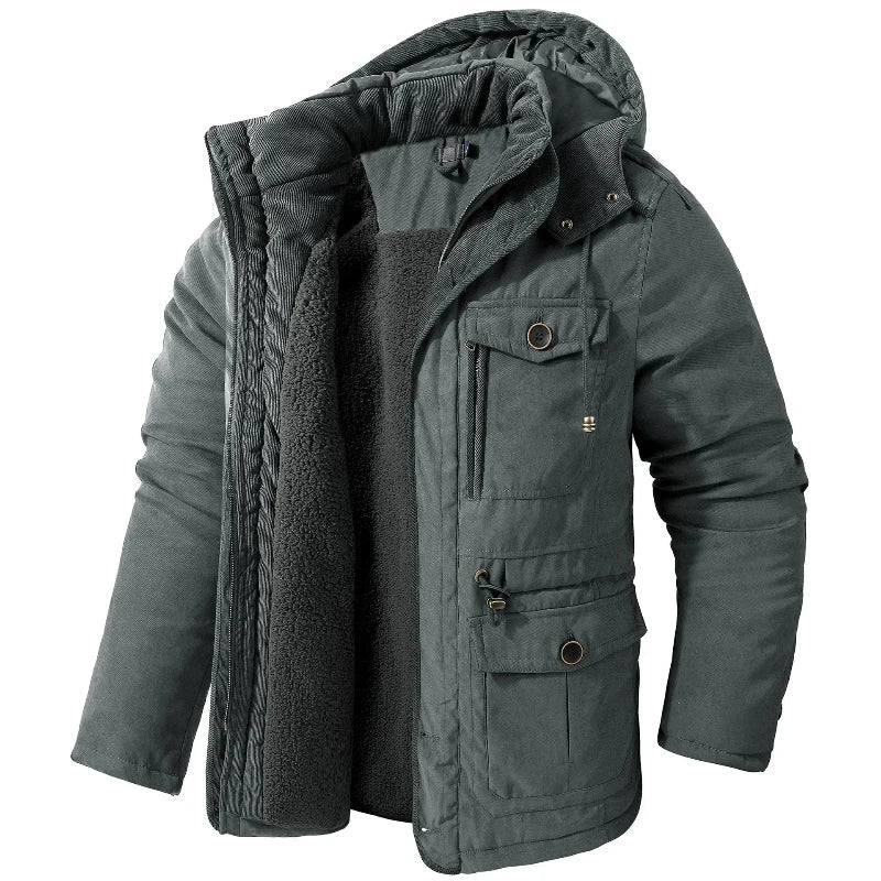 Men's insulated sherpa-lined outdoor jacket with adjustable hood and multi-pocket rugged design