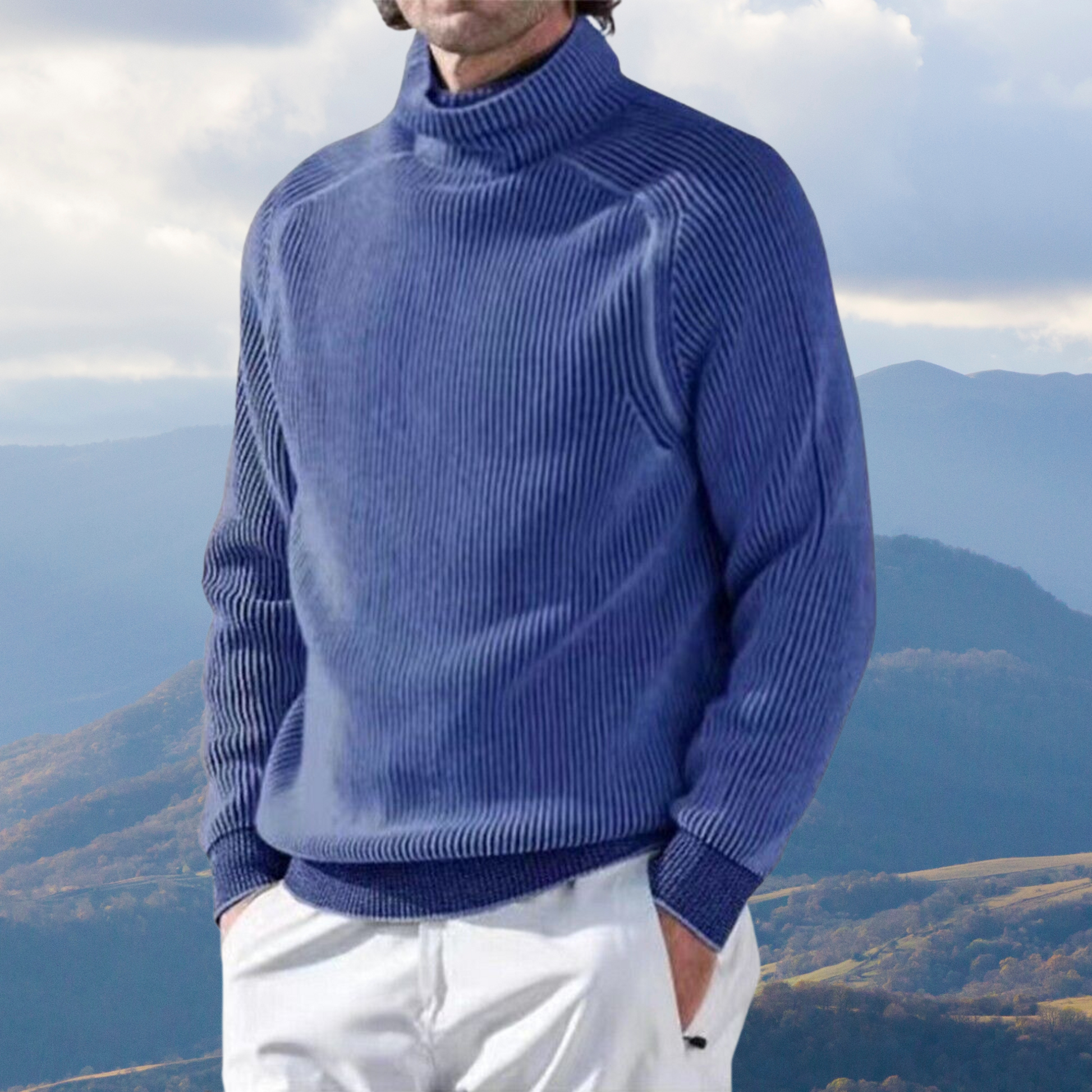 Men's gray turtleneck sweater classic knit cozy fit with high neckline for winter layering