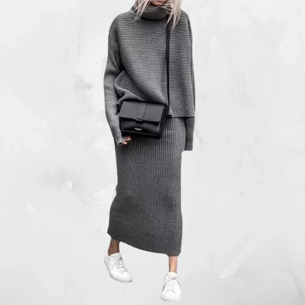 Women's cozy gray ribbed two-piece pullover and skirt lounge set with relaxed silhouette
