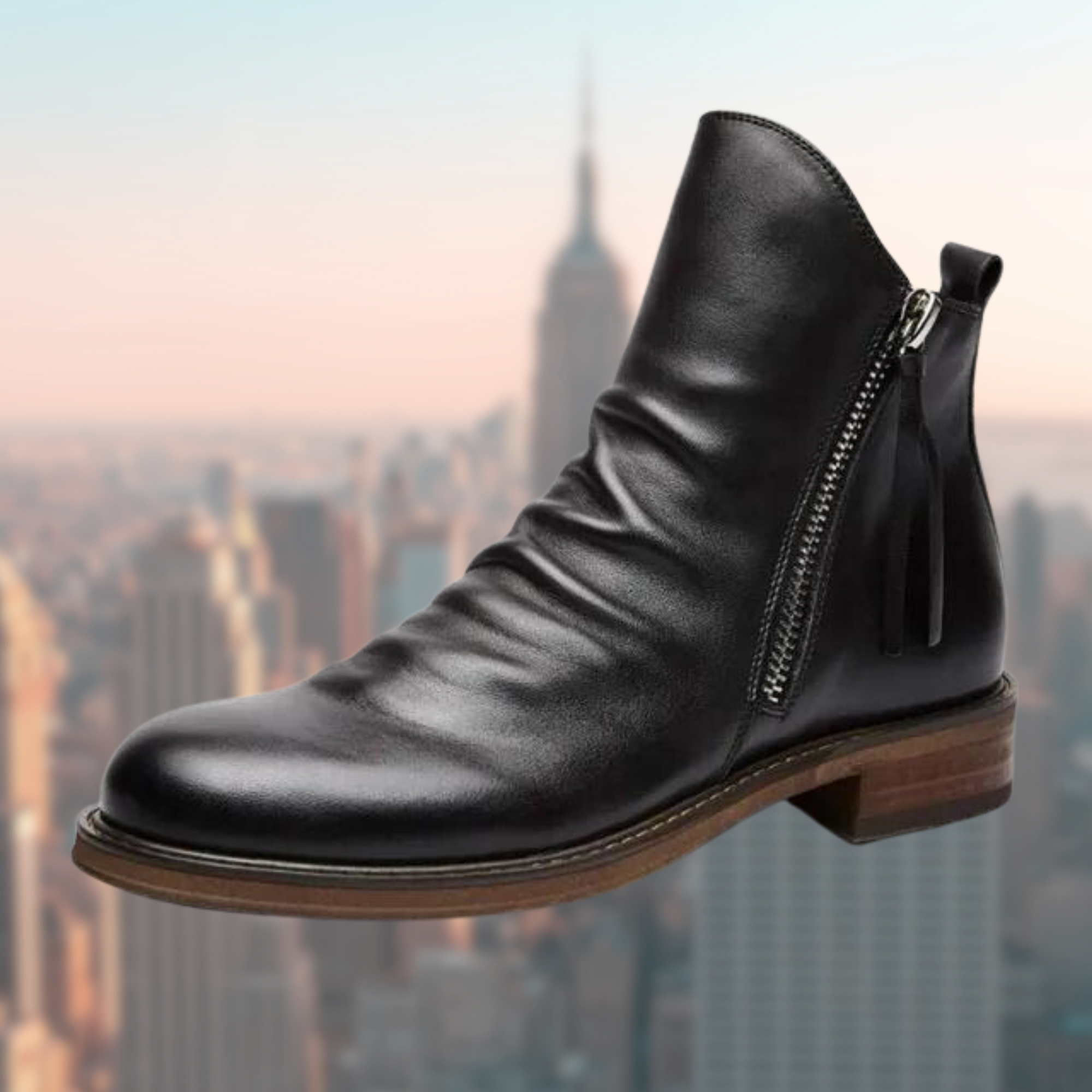 Men's black ankle boots low heel classic design smooth finish side zip easy on off