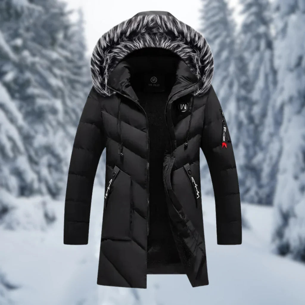 Men's black quilted oversized mid-length jacket with faux fur hood trim and ribbed cuffs