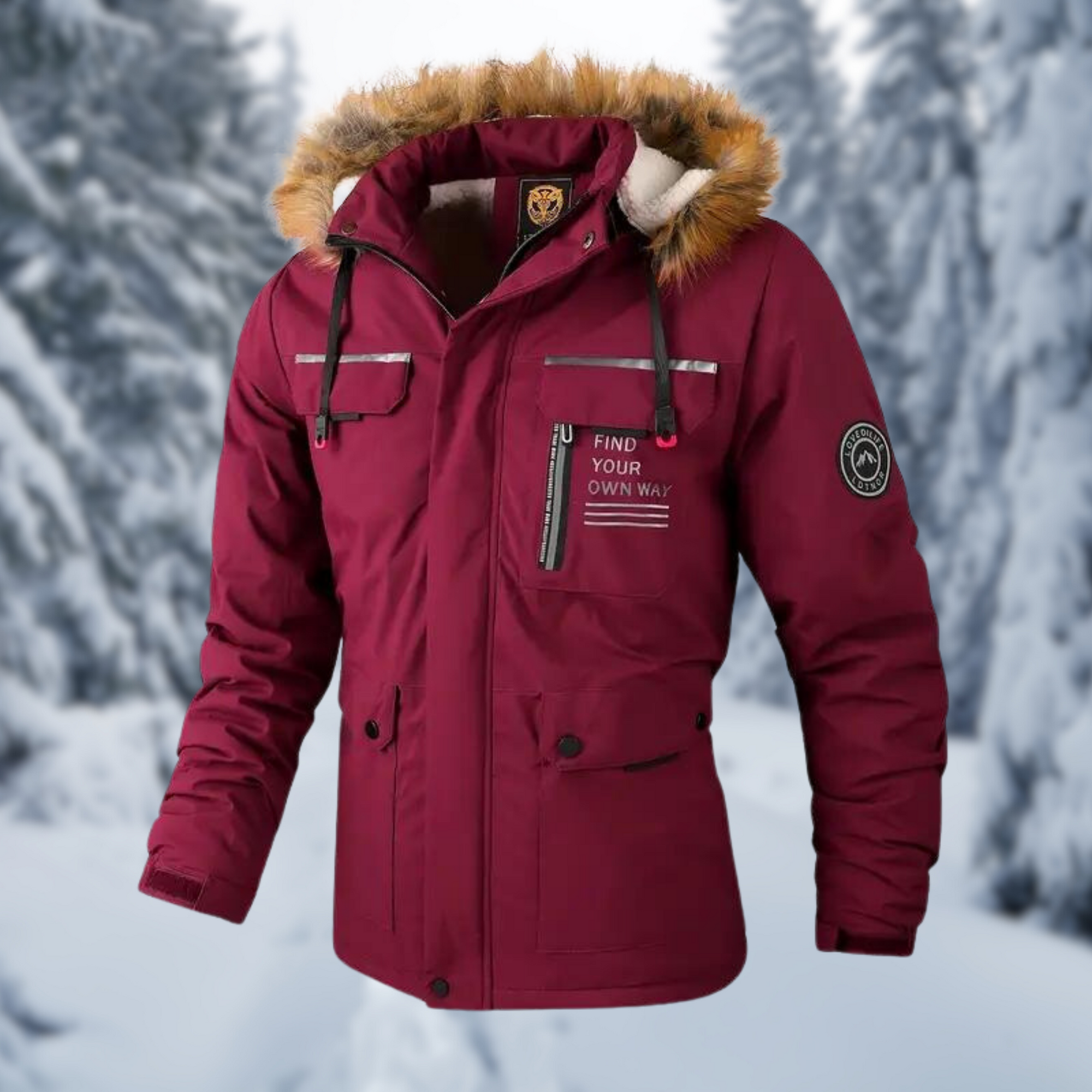 Men's olive relaxed fit thigh-length parka with fur-trim hood and cargo pockets for winter