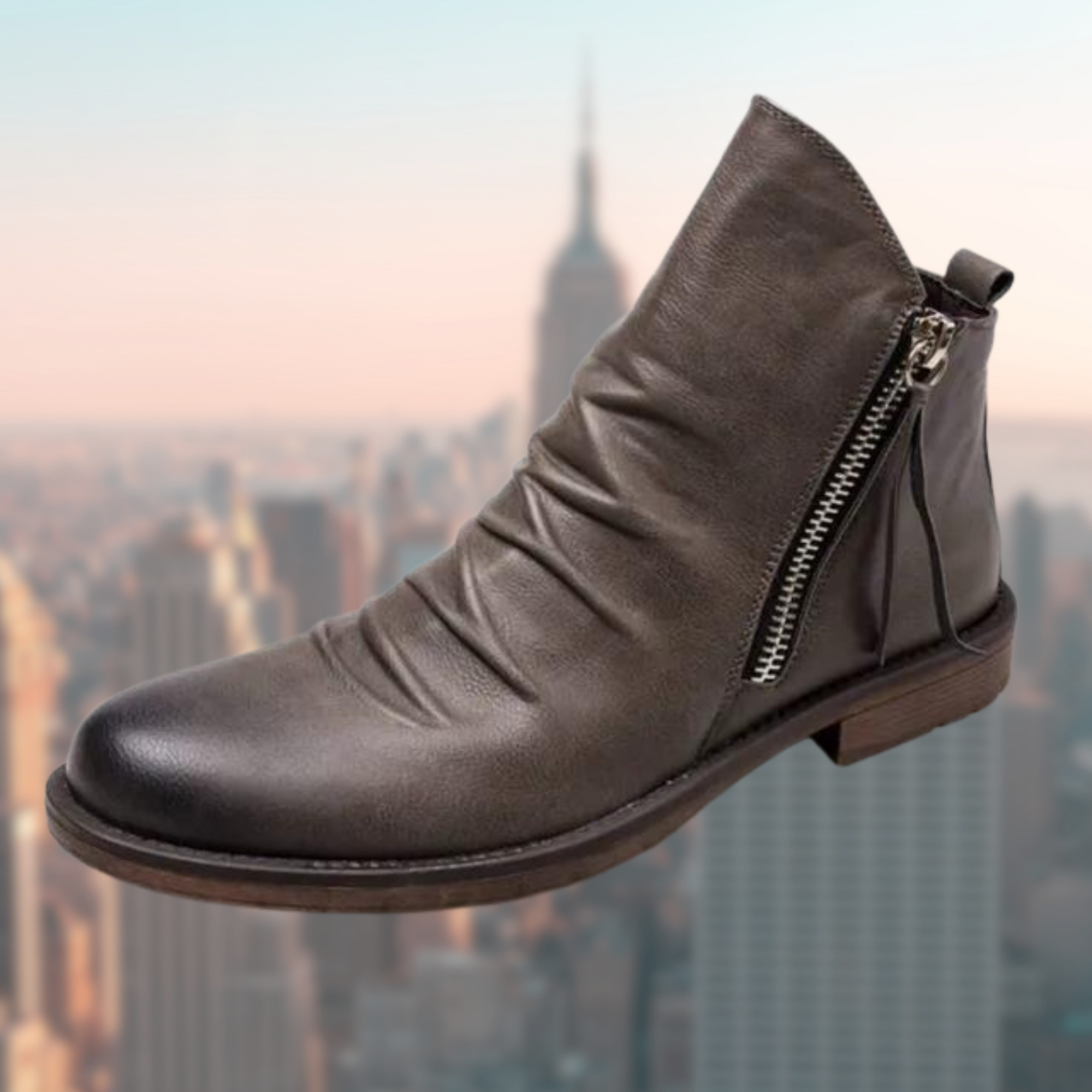 Men's black ankle boots with side zip, low heel, smooth leather finish, classic minimalist design