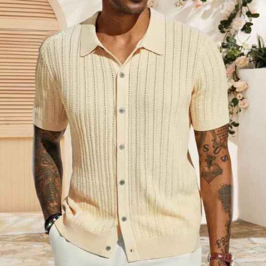 Men's ribbed knit short sleeve button-up shirt in neutral tone, polished casual regular fit