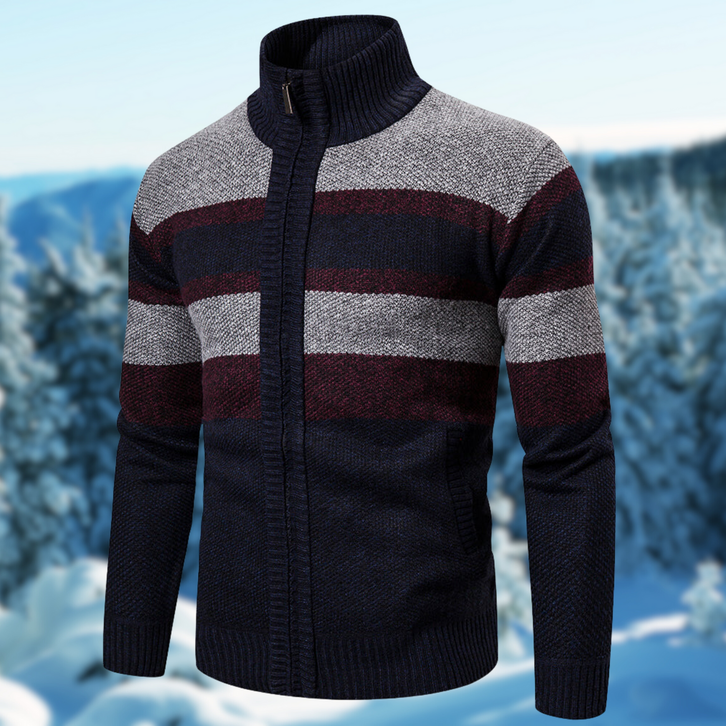 Men's regular fit knit jacket with textured striped pattern, full-zip mock neck, warm everyday style