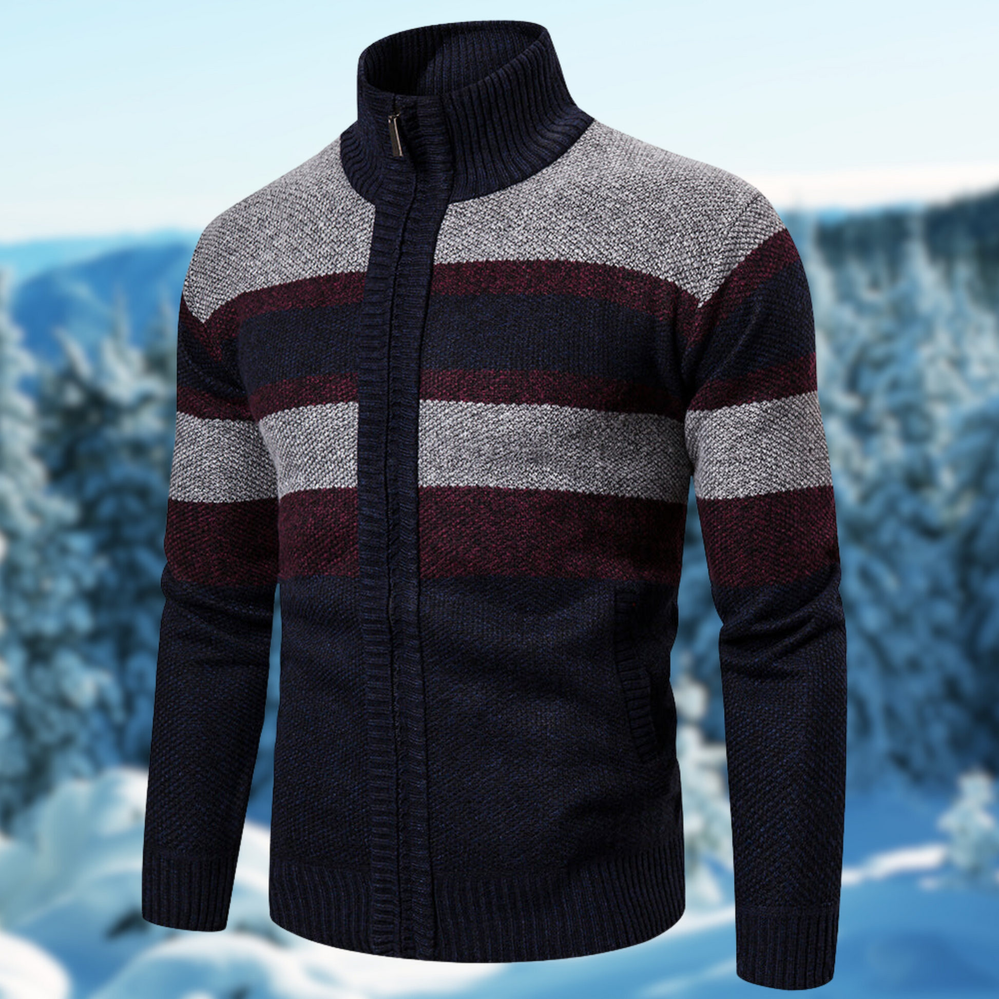 Men's regular fit knit jacket with textured striped pattern, full-zip mock neck, warm everyday style