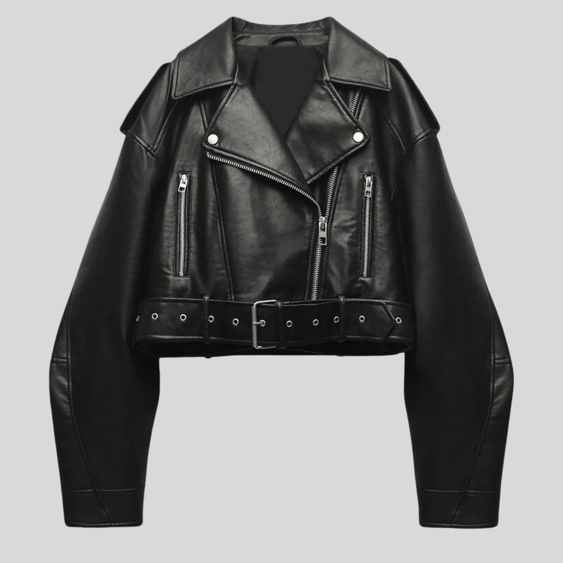 Women's black synthetic leather jacket elegant slim fit casual chic B series modern silhouette