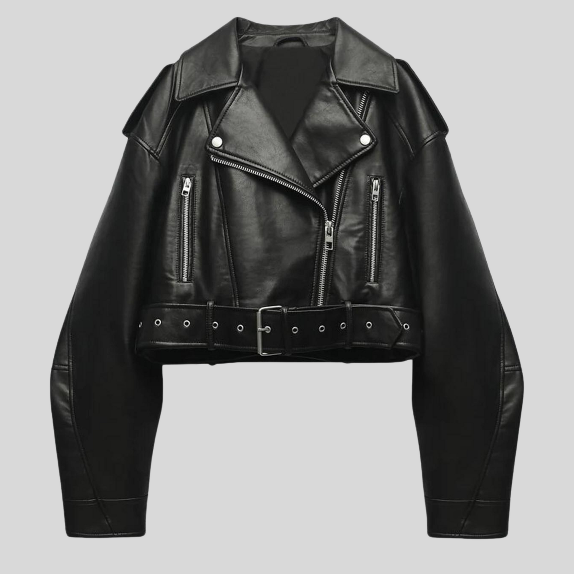 Women's black synthetic leather jacket elegant slim fit casual chic B series modern silhouette