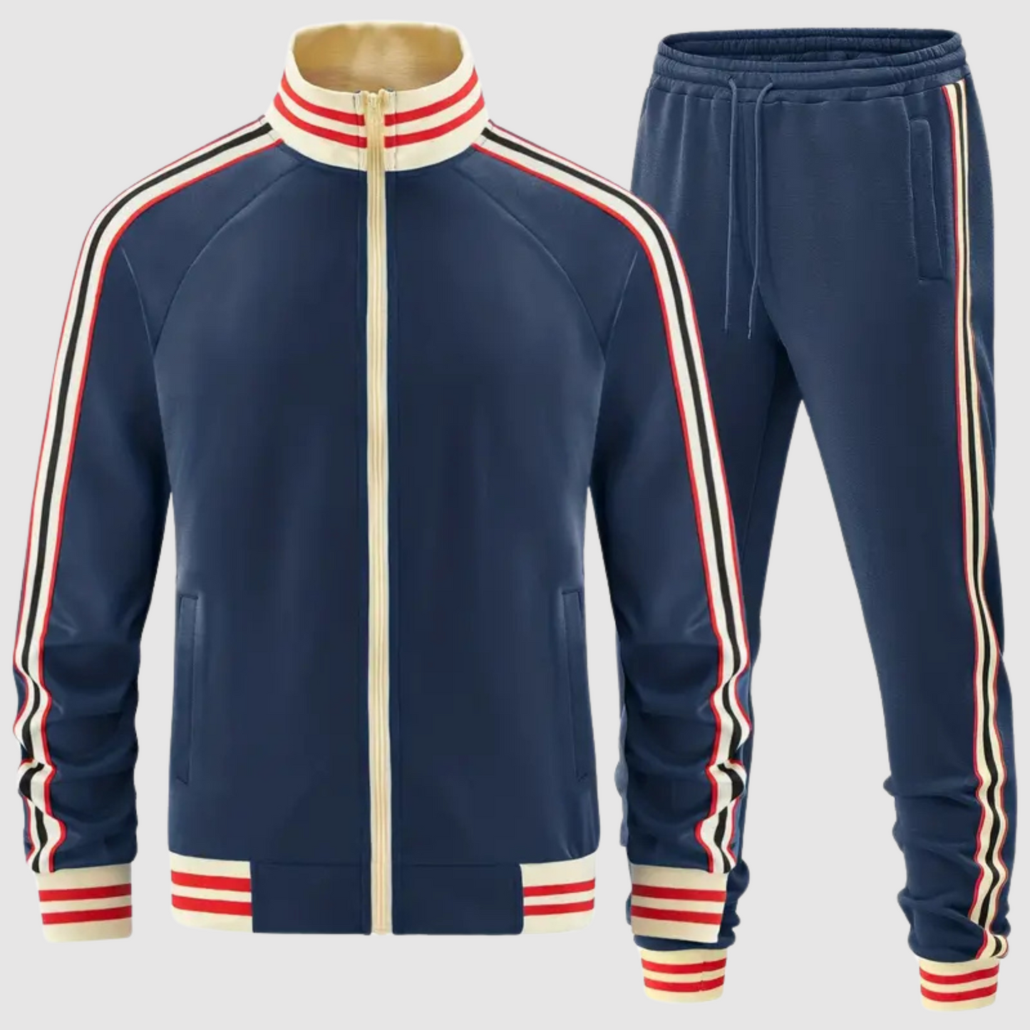 Men's striped tracksuit set with zip jacket and matching pants for active training
