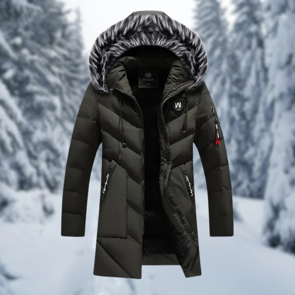 Men's black quilted oversized jacket mid-length hood faux fur trim ribbed cuffs winter coat