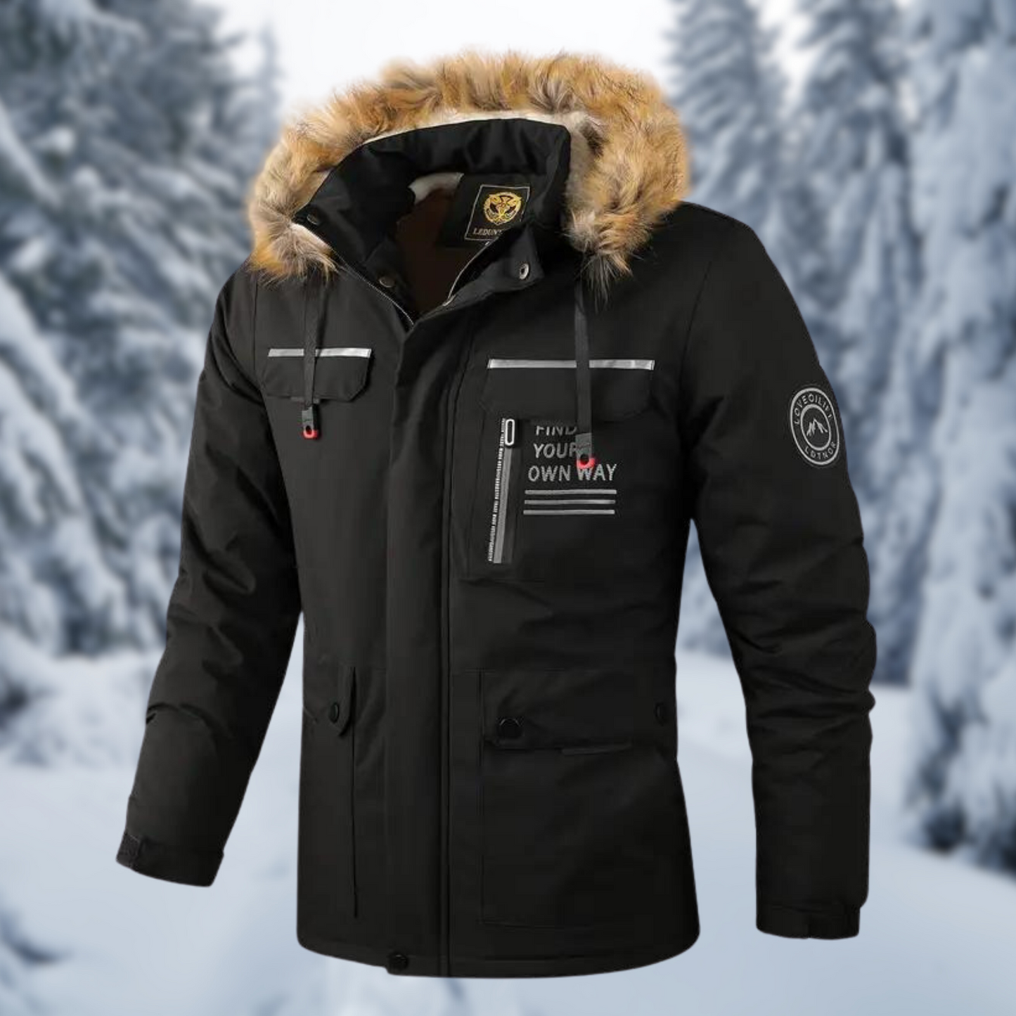 Men's black insulated winter jacket with water-resistant exterior and faux fur-lined hood for ultimate warmth