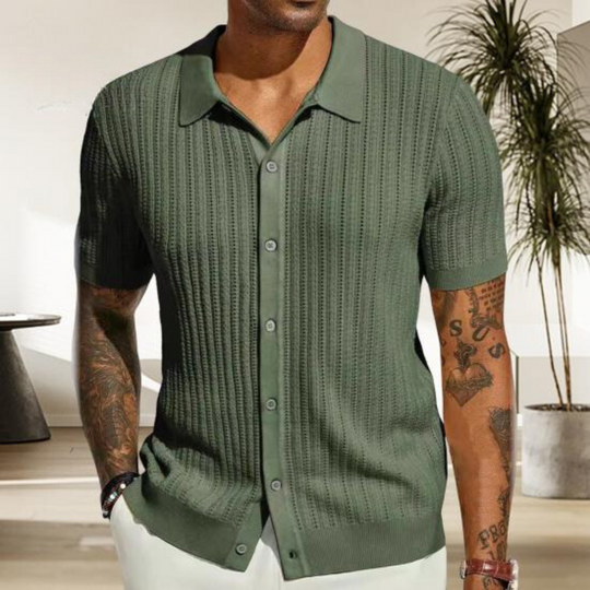 Men's ribbed knit short sleeve button-up shirt in neutral tone, polished casual regular fit