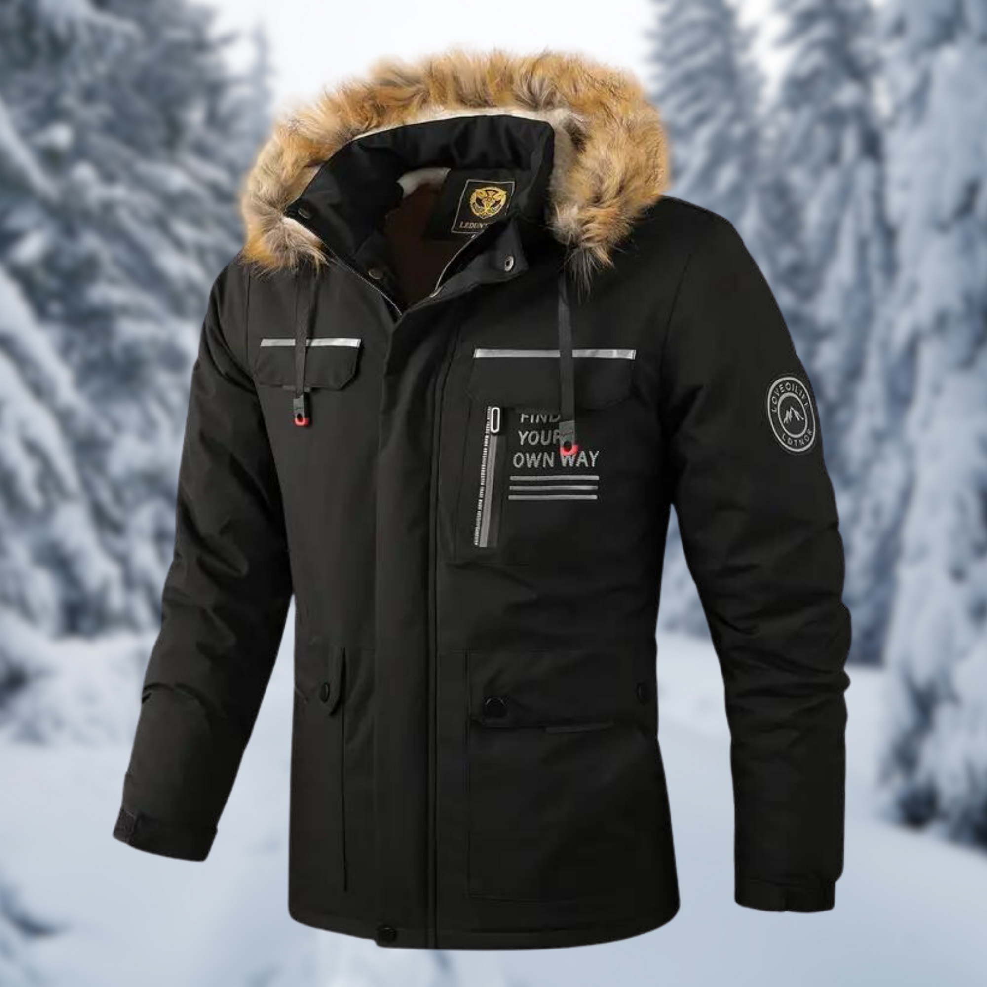 Men's olive relaxed fit thigh-length parka with fur-trim hood and cargo pockets
