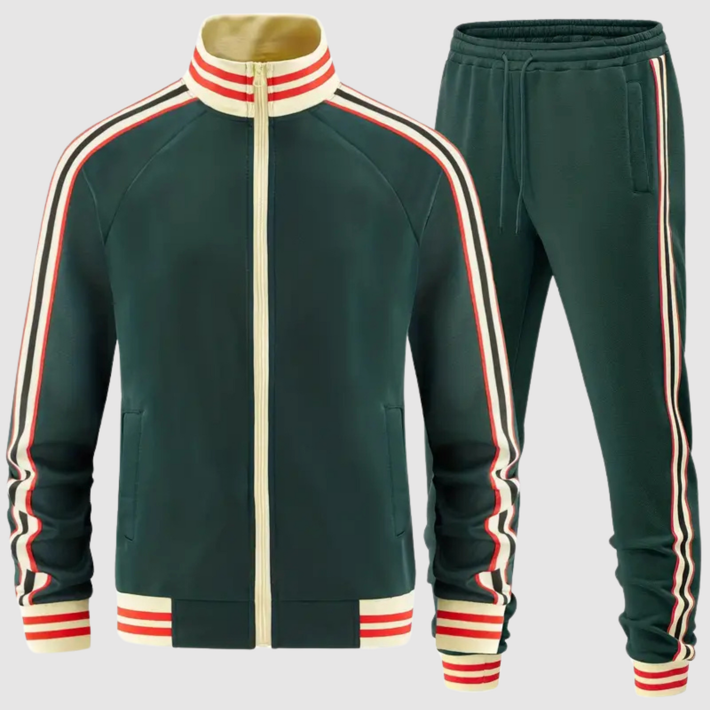 Men's striped tracksuit set with zip jacket and matching pants for athletic training