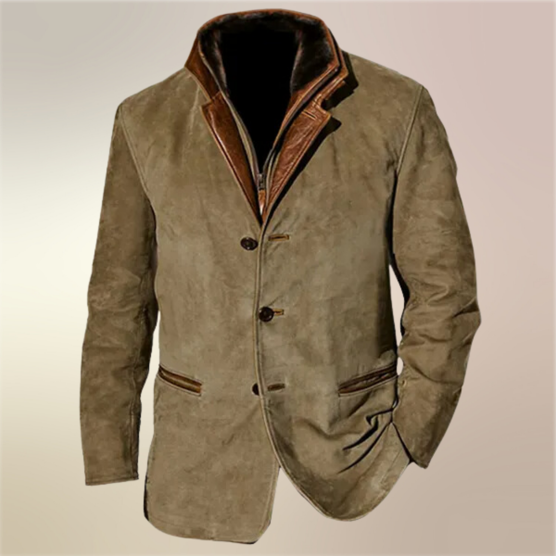 Men's brown suede-texture PU leather jacket tailored fit with buttoned front Nordic-inspired style