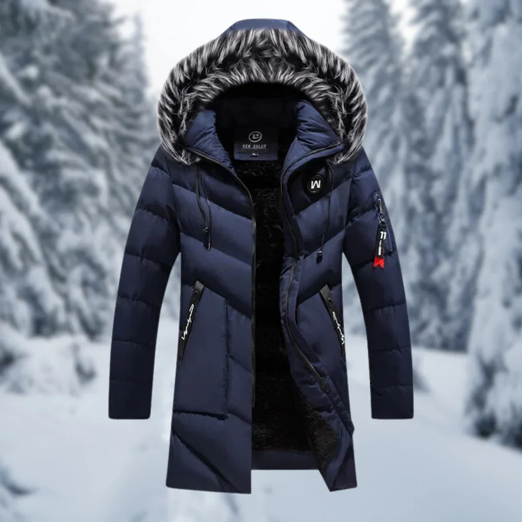 Men's black quilted oversized jacket mid-length hood with faux fur trim ribbed cuffs winter