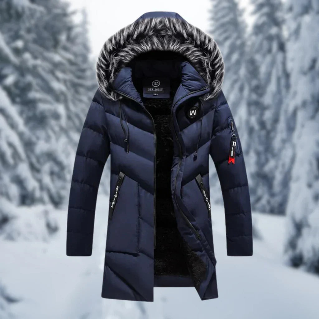 Men's oversized quilted jacket with faux fur hood, ribbed cuffs, zip pockets, cold weather winter coat
