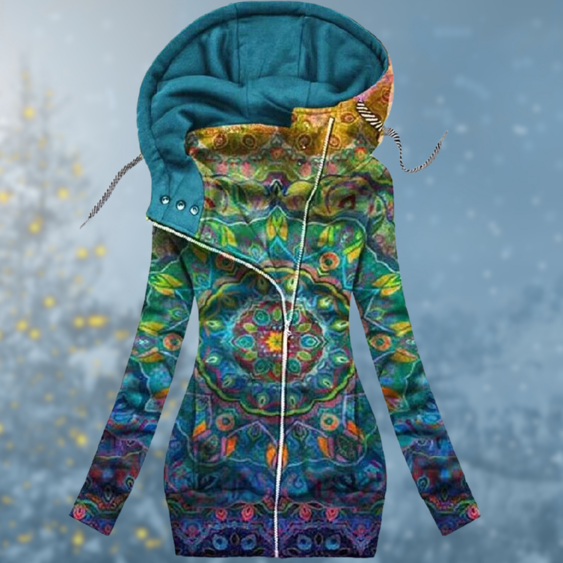 Women's waterproof winter sweater with adjustable hood, cozy all-weather style in neutral tones