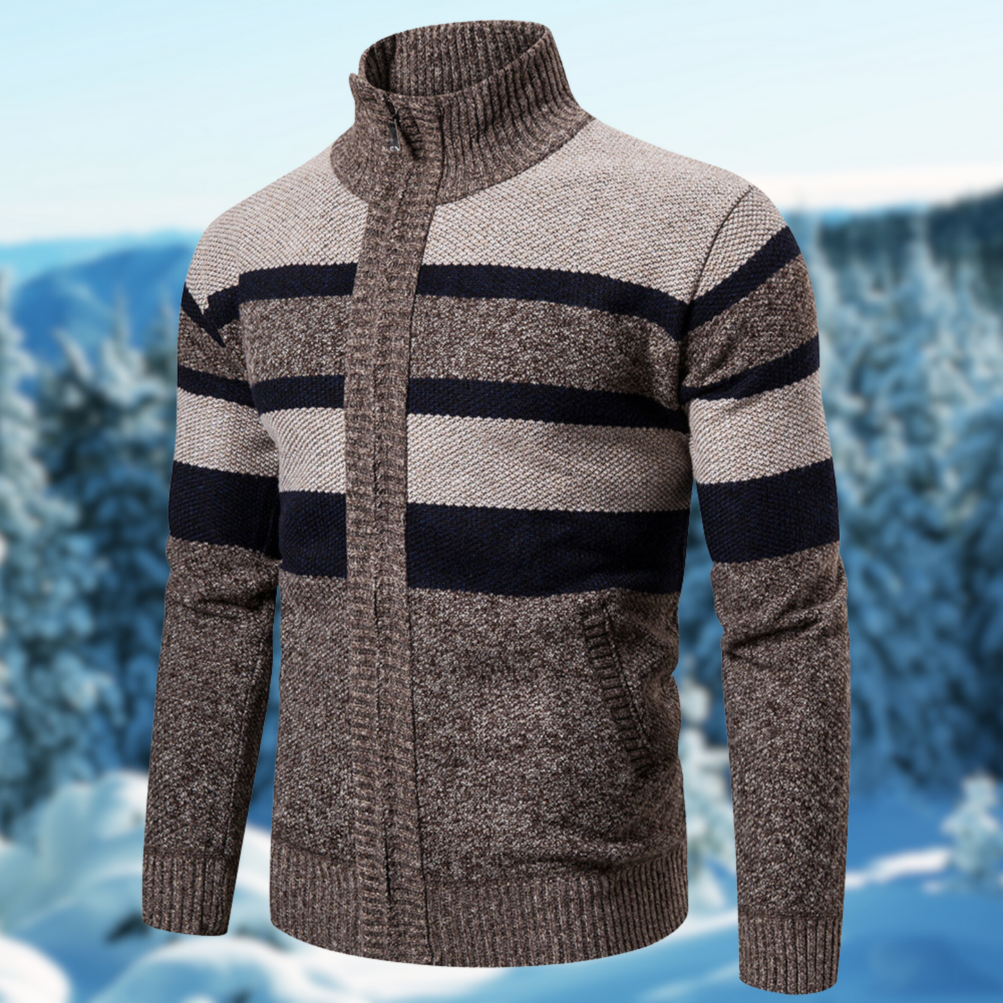 Men's regular fit knit jacket with textured striped pattern, full-zip mock neck, warm everyday style