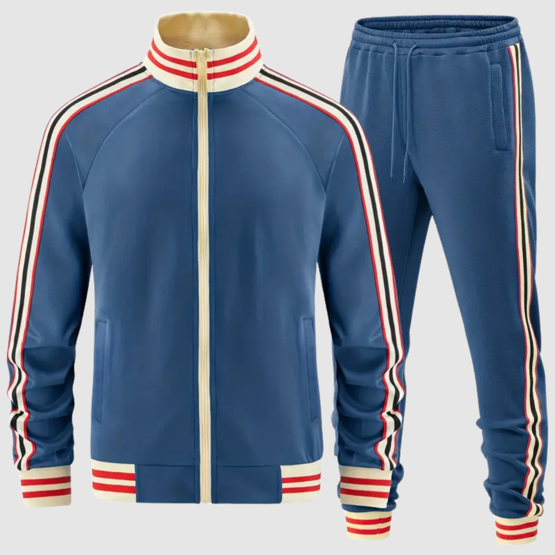 Men's striped tracksuit set with zip jacket and matching pants for active training