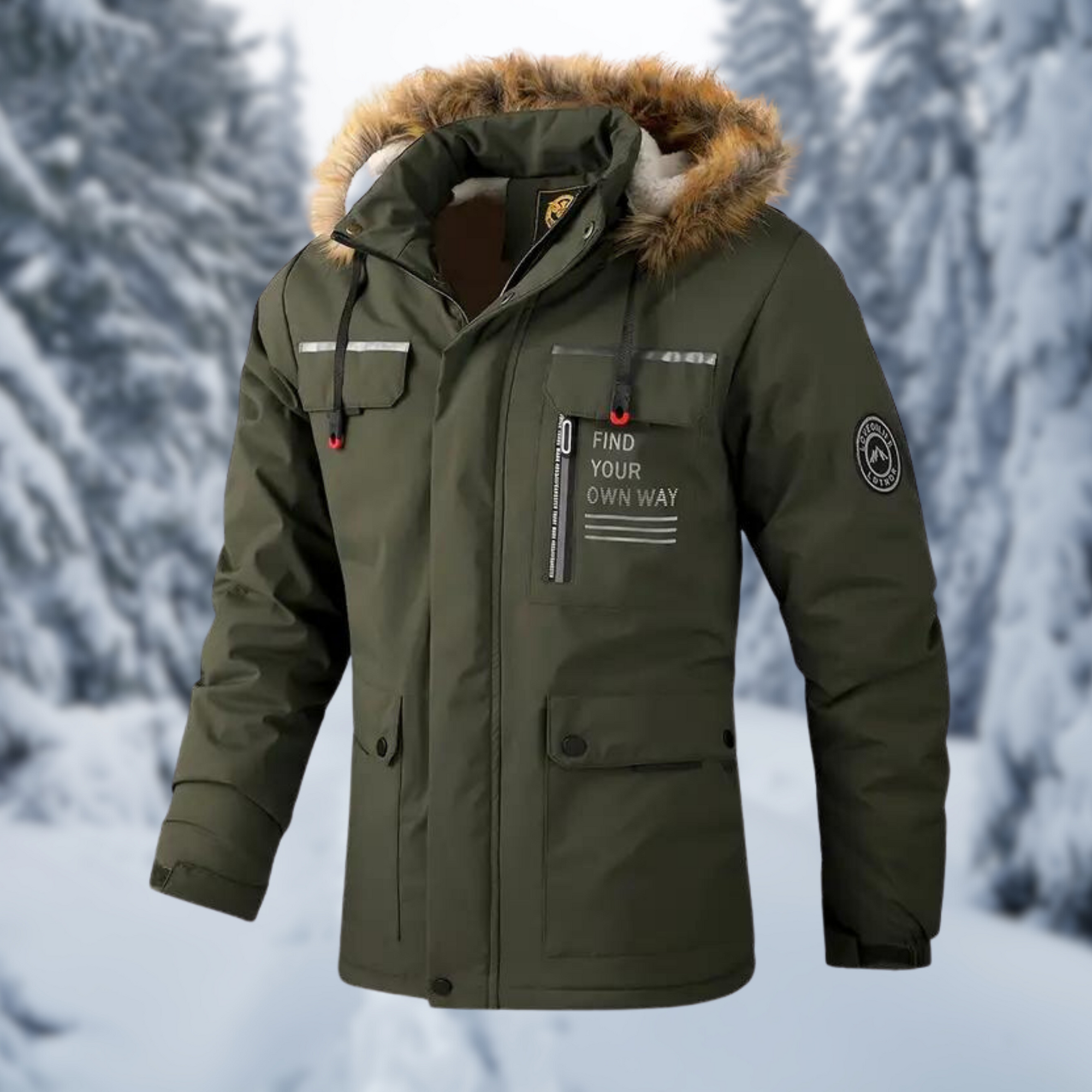 Men's olive relaxed fit thigh-length parka with fur-trim hood and cargo pockets