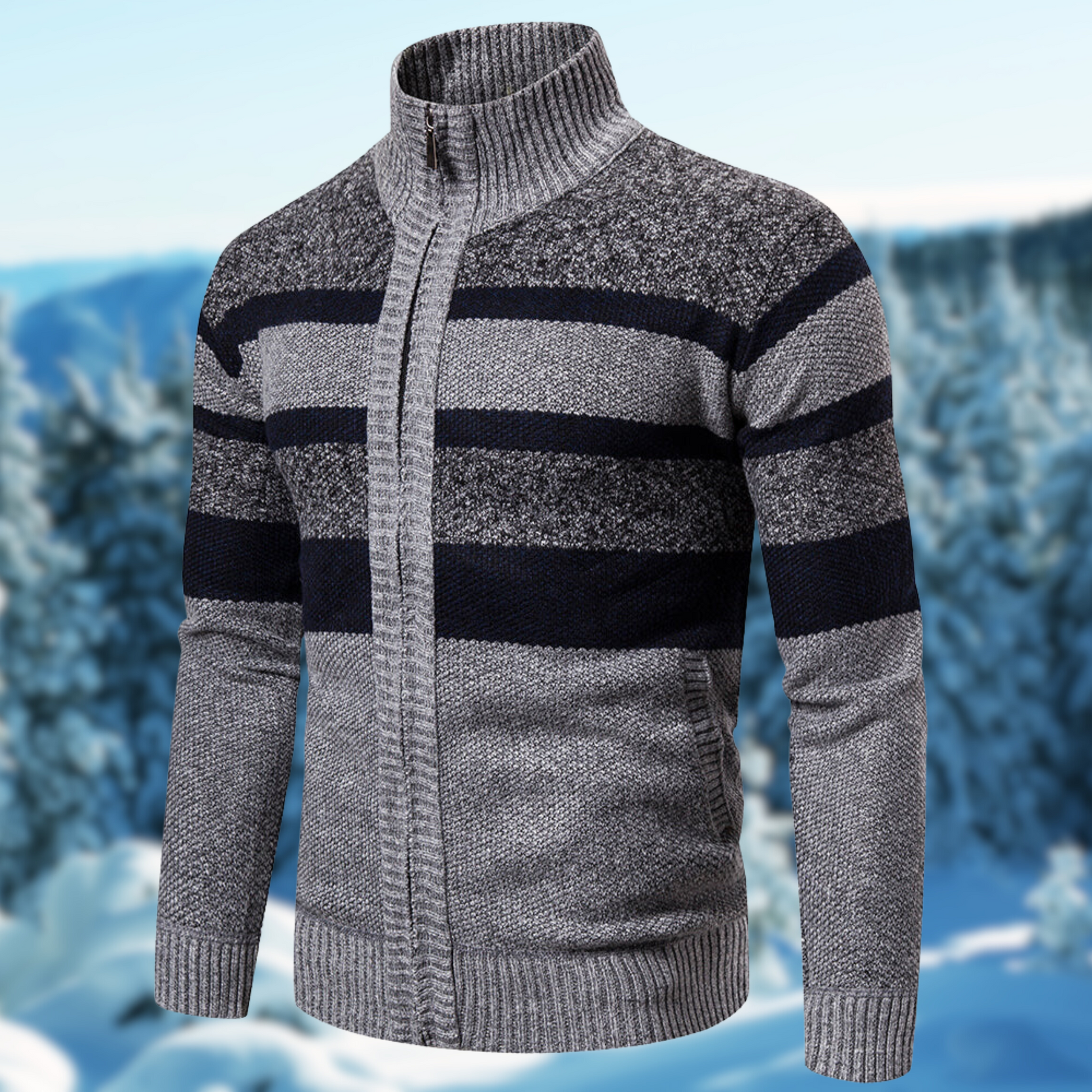 Men's regular fit knit jacket with textured striped pattern, full-zip mock neck, premium fall style