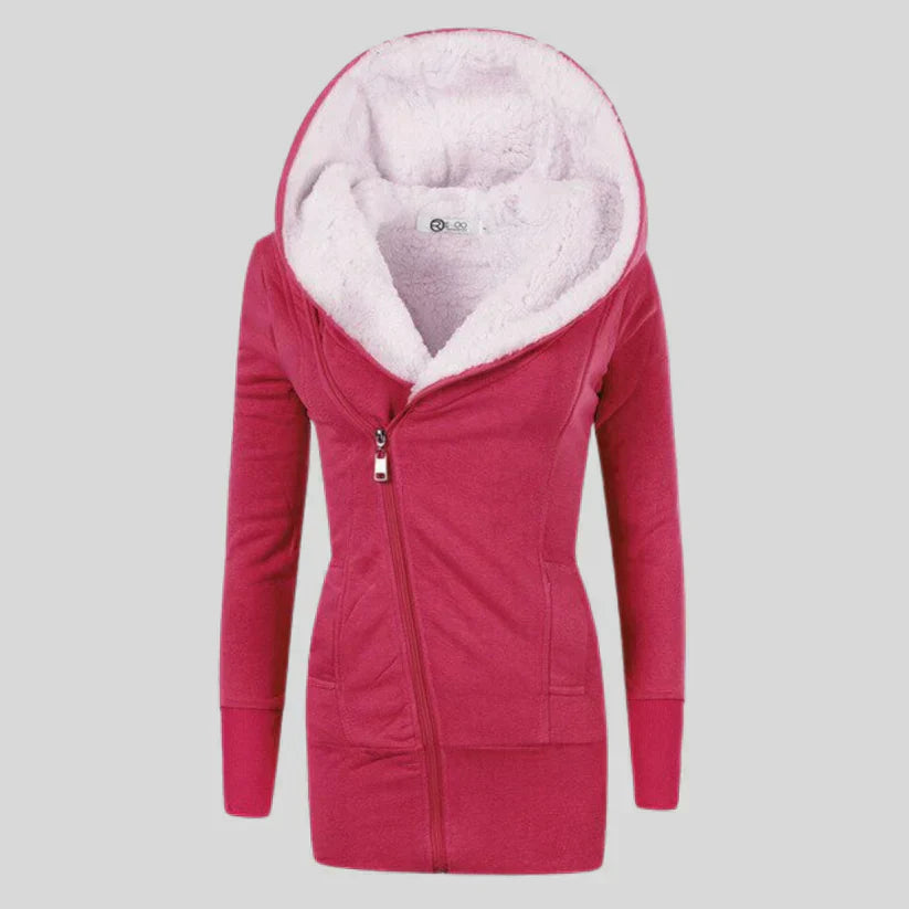 Women's heathered hooded fleece cardigan in soft gray, relaxed sporty silhouette with practical hood