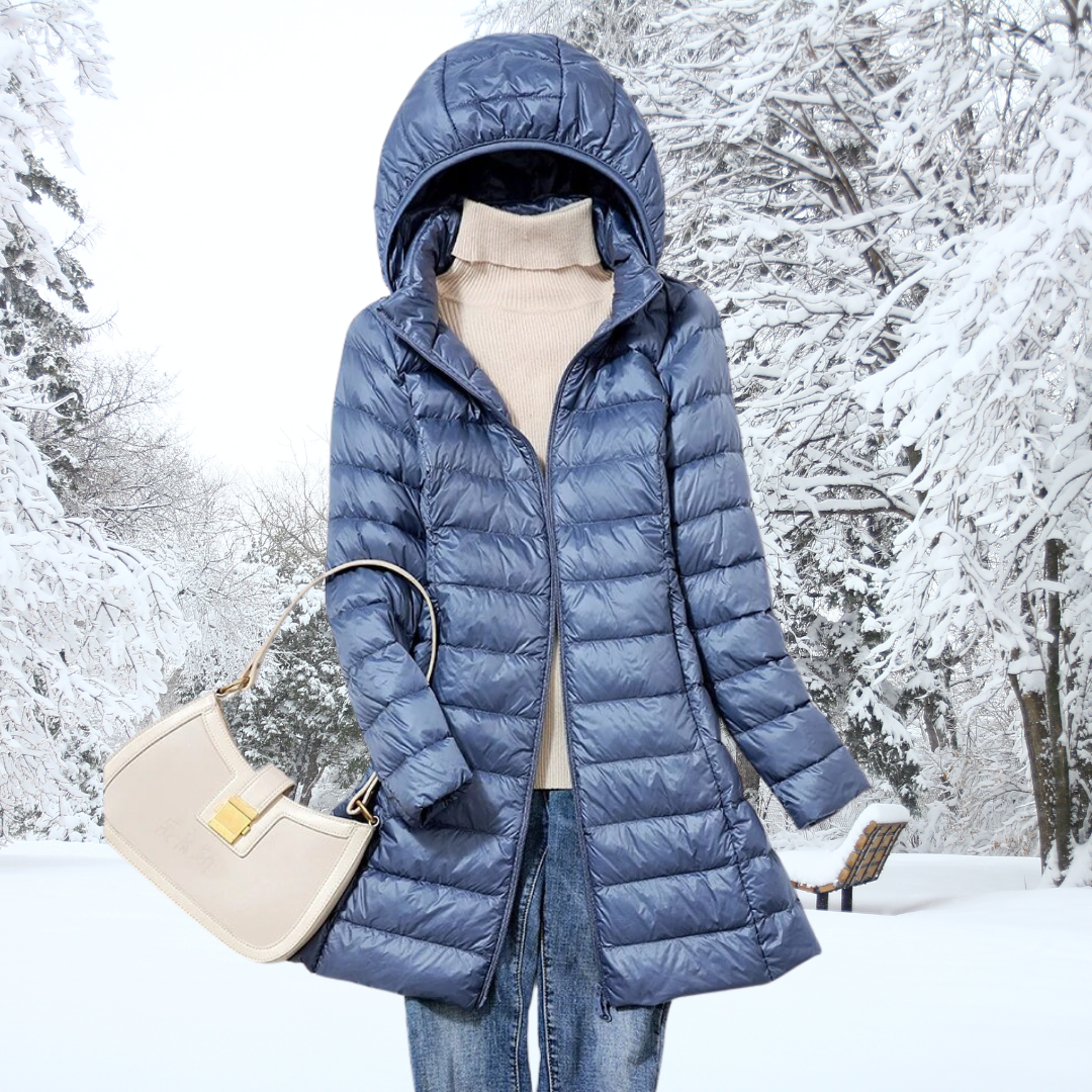 Women's slim-fit ultra-light down jacket with hood, lightweight cold-weather puffer in neutral tone